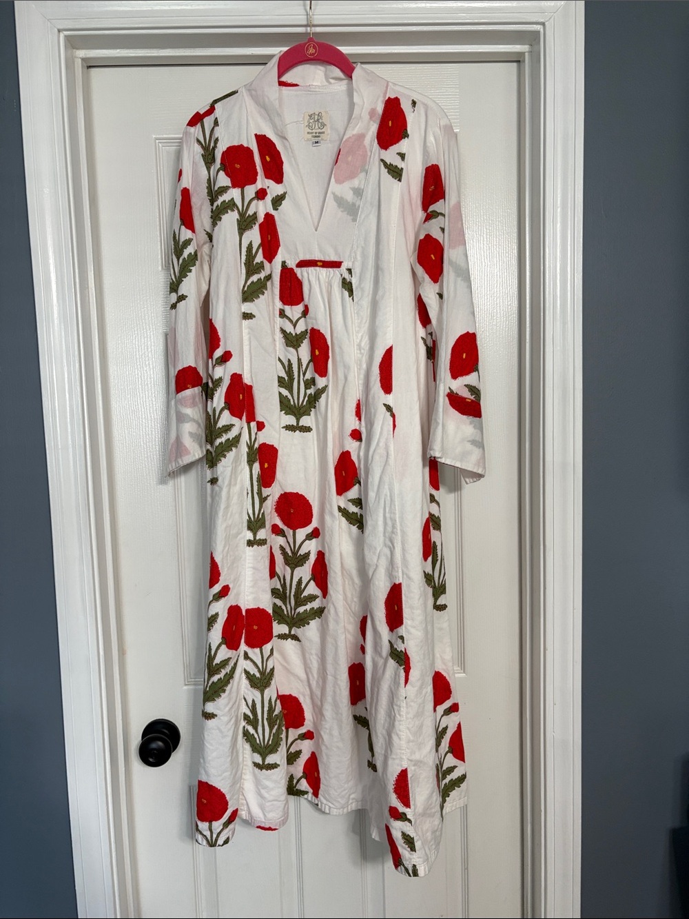 White Long-Sleeve Midi Dress with Red Poppy Print